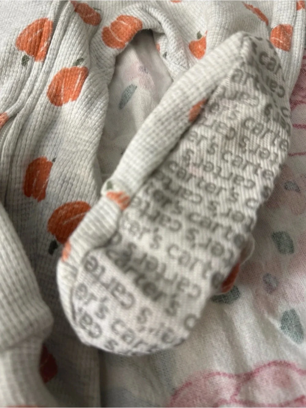 Carter's Cream Waffle Knit Footed One-Piece with Orange Pumpkin Print